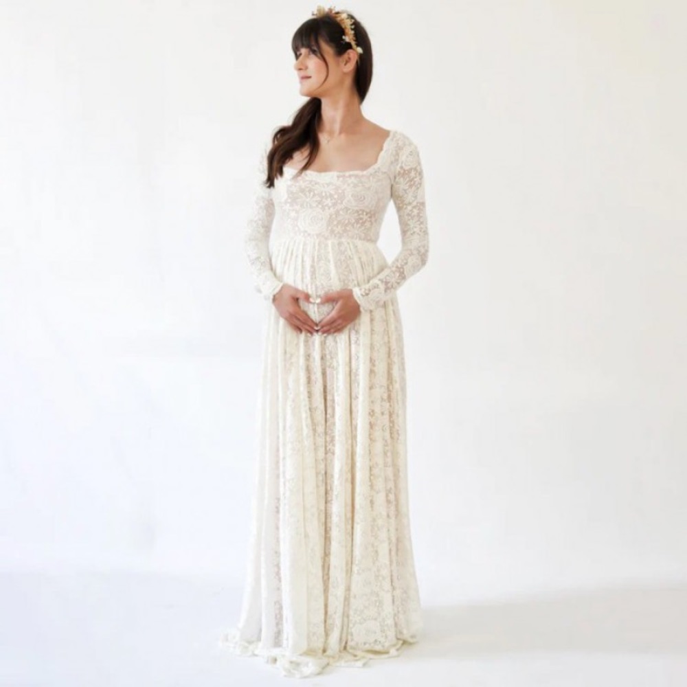 Maternity Vintage Ivory Square Neckline Dress